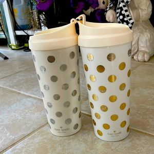 Two Kate Spade Insulated Cups. One Silver/Cream and The Other is Gold/Cream